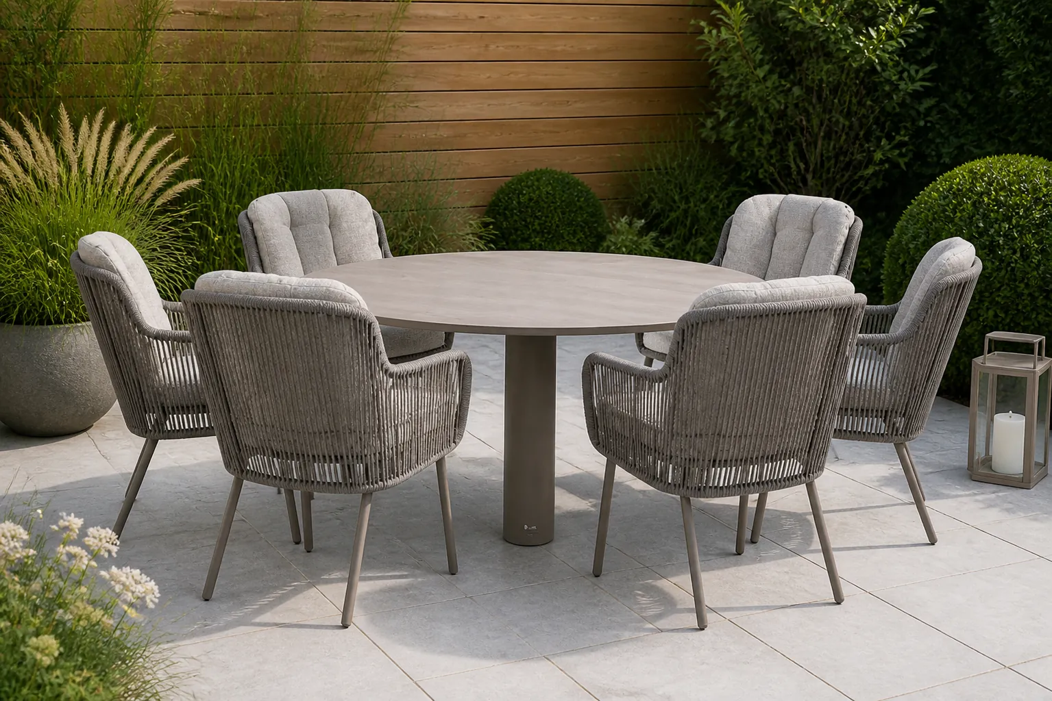 Sfeerfoto van Santika Furniture Cayora/Trino 158 cm dining tuinset 7-delig – Taupe-naturel-bruin
