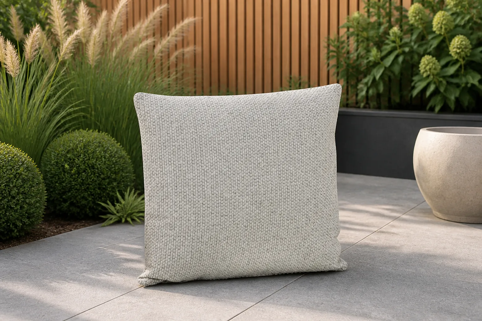Sfeerfoto van Stoff Mirai sierkussen 45 x 45 cm – Grijs-antraciet