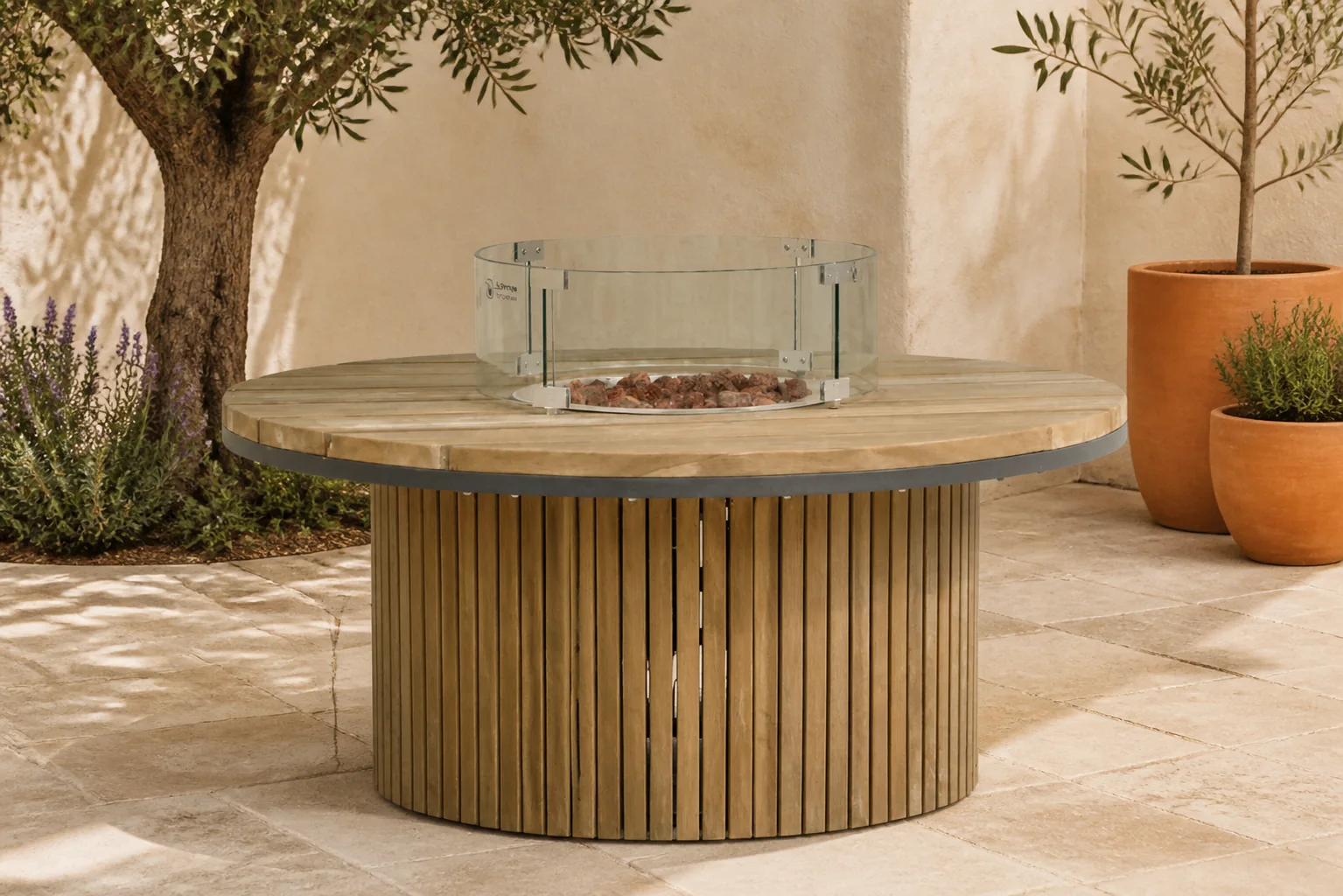 Sfeerfoto van Santika Furniture Fire Nest lounge vuurtafel 110 cm – Taupe-naturel-bruin