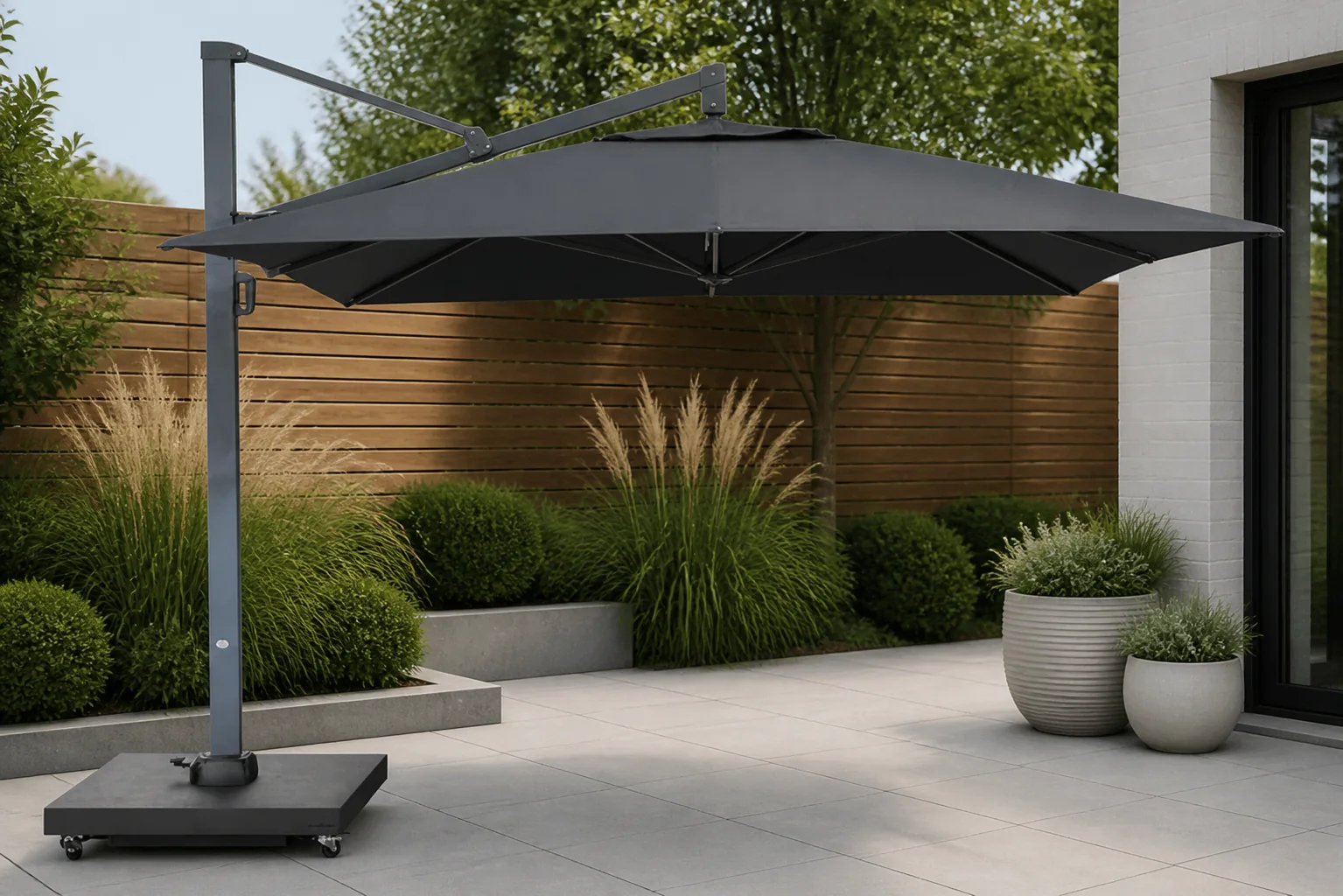 Sfeerfoto van Camello Mateo zweefparasol 3,5×3,5m S1 – Grijs-antraciet