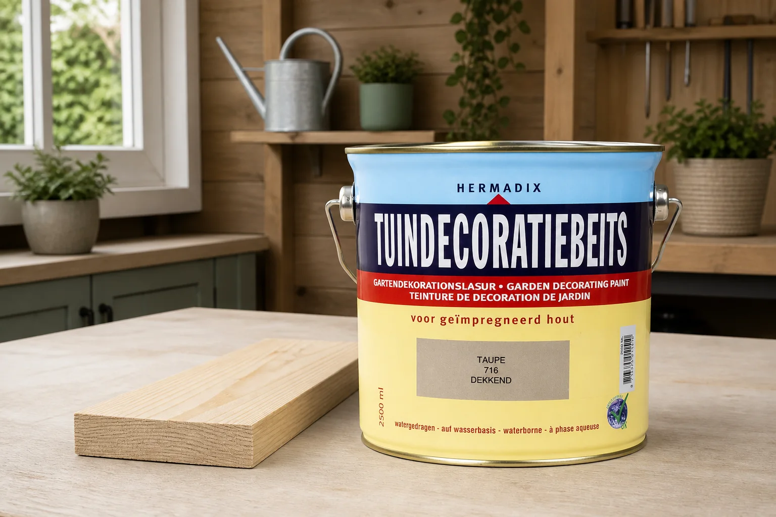Sfeerfoto van Hermadix Tuindecoratiebeits 716 taupe 2500 ml – wit