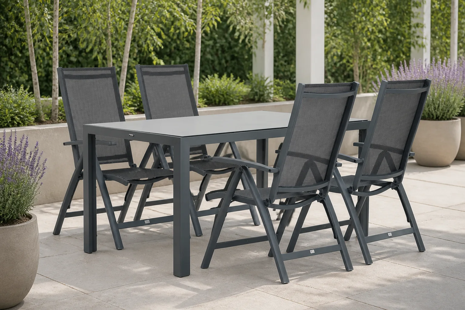 Sfeerfoto van Presto Vasto/Venustas 150 cm dining tuinset 5-delig – Grijs-antraciet