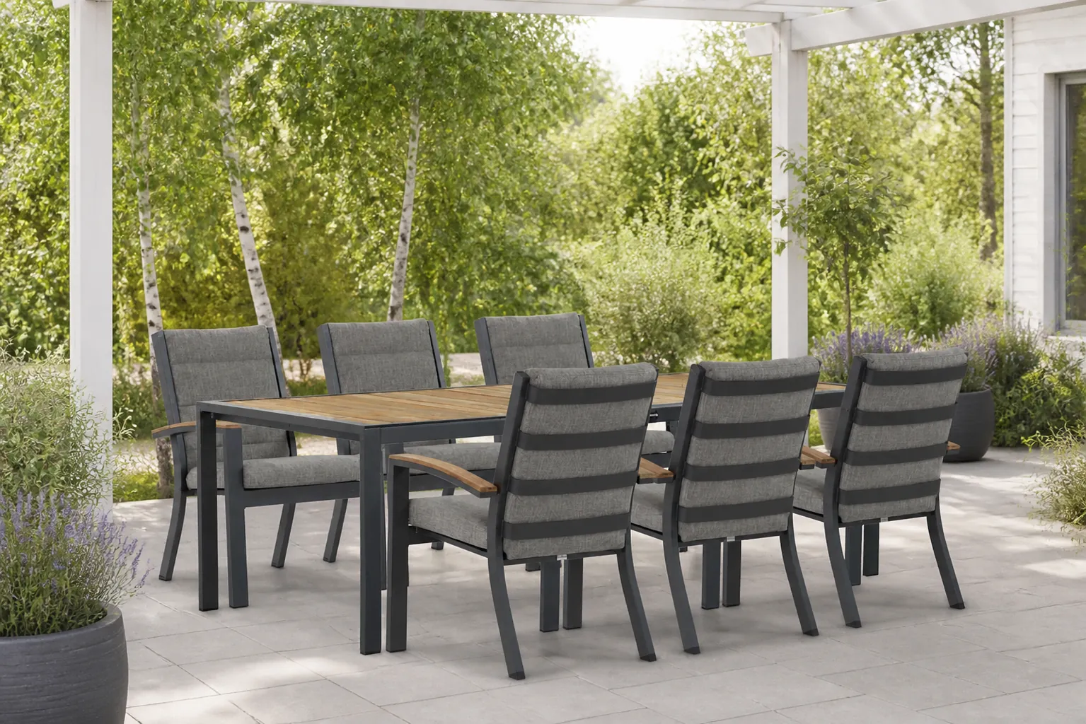 Sfeerfoto van Osmen Midura/Valence 240 cm dining tuinset 7-delig – Grijs-antraciet