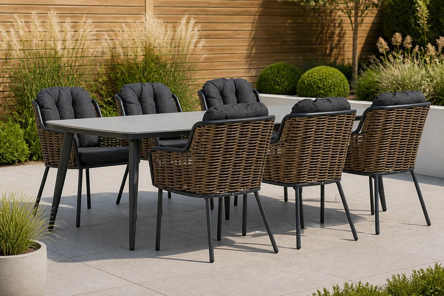 Sfeerfoto van Santika Furniture Fasano/Vienna 240 cm dining tuinset 7-delig – Grijs-antraciet