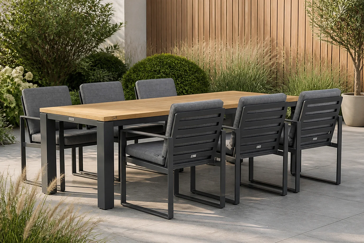 Sfeerfoto van Santika Furniture Zaga/Veneto 230 cm dining tuinset 7-delig – Grijs-antraciet