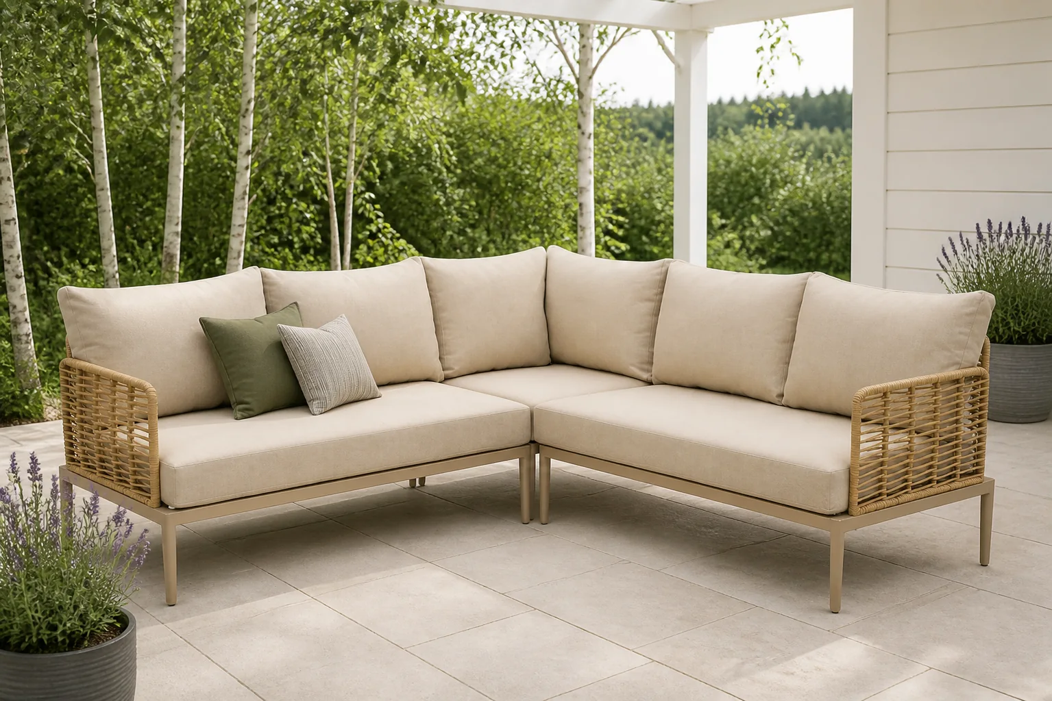 Sfeerfoto van Coco Ibiza hoek loungeset 3-delig – Taupe-naturel-bruin