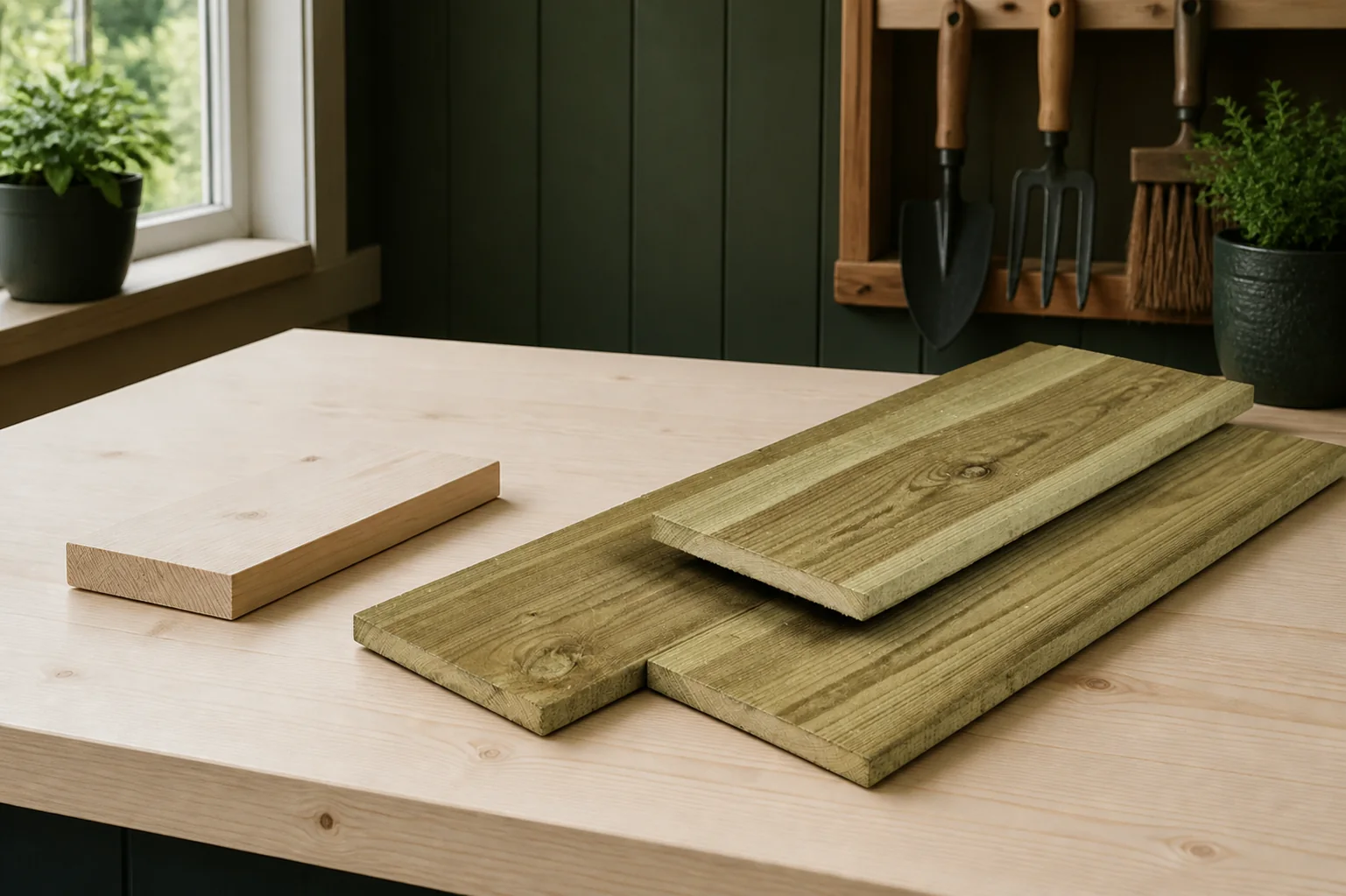 Sfeerfoto van Tuindeco Midden-Europees grenen tuinplank gedroogd, groen geimpregneerd, geschaafd 4rh 1,6 x 14,0 x 450 cm