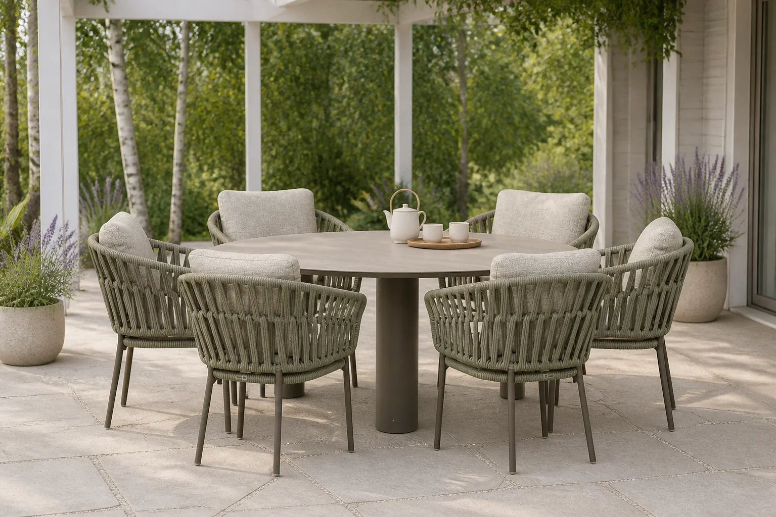 Sfeerfoto van Coco Viento/Trino 158 cm dining tuinset 7-delig – Zand/Beige