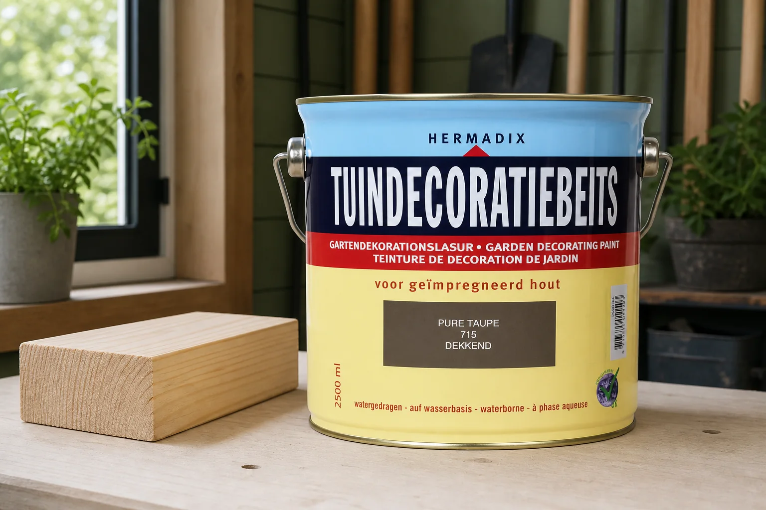 Sfeerfoto van Hermadix Tuindecoratiebeits 715 pure taup 2500 ml – wit