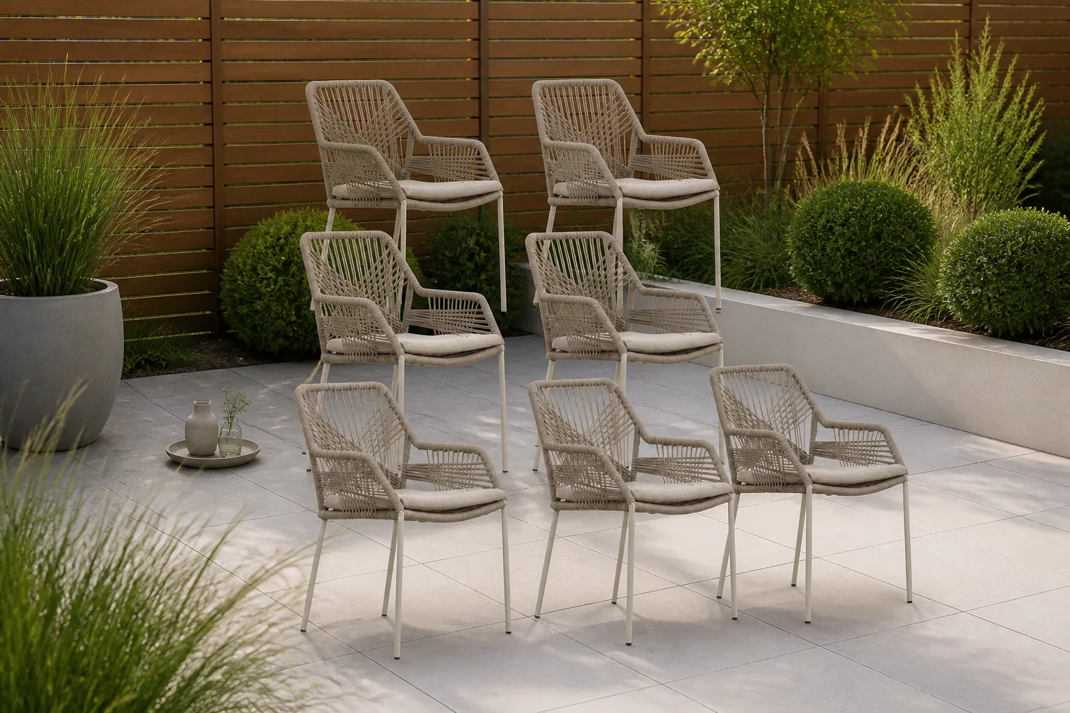 Sfeerfoto van BUITEN living Seville dining tuinstoel set van 8 | touw + staal | beige
