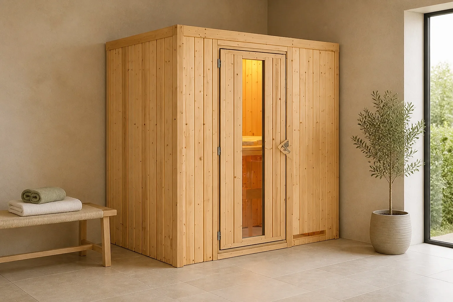 Sfeerfoto van Karibu | Nanja Sauna met Dakkraag | Helderglas Deur
