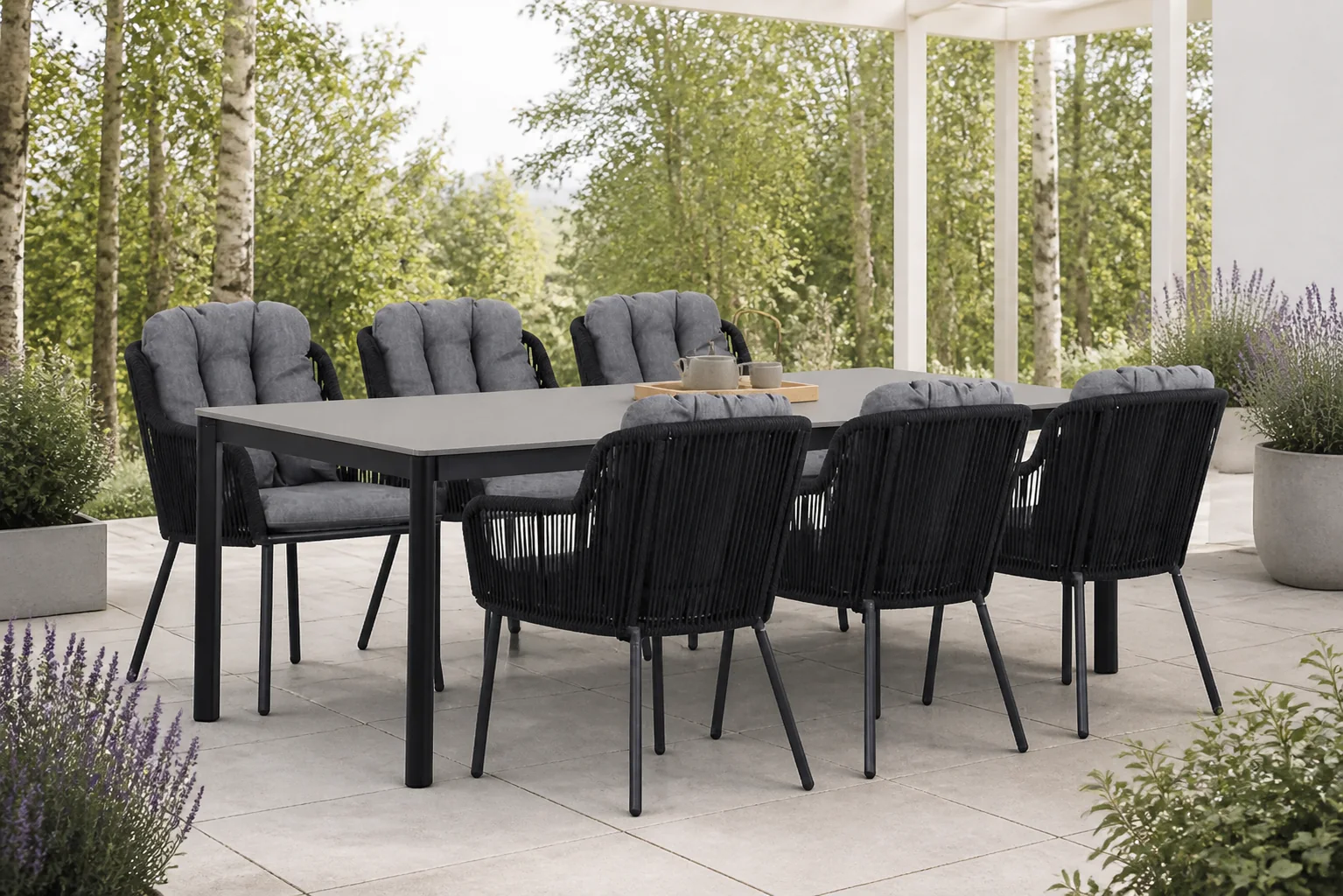 Sfeerfoto van Santika Furniture Tendenza/Como 220 cm dining tuinset 7-delig – Grijs-antraciet