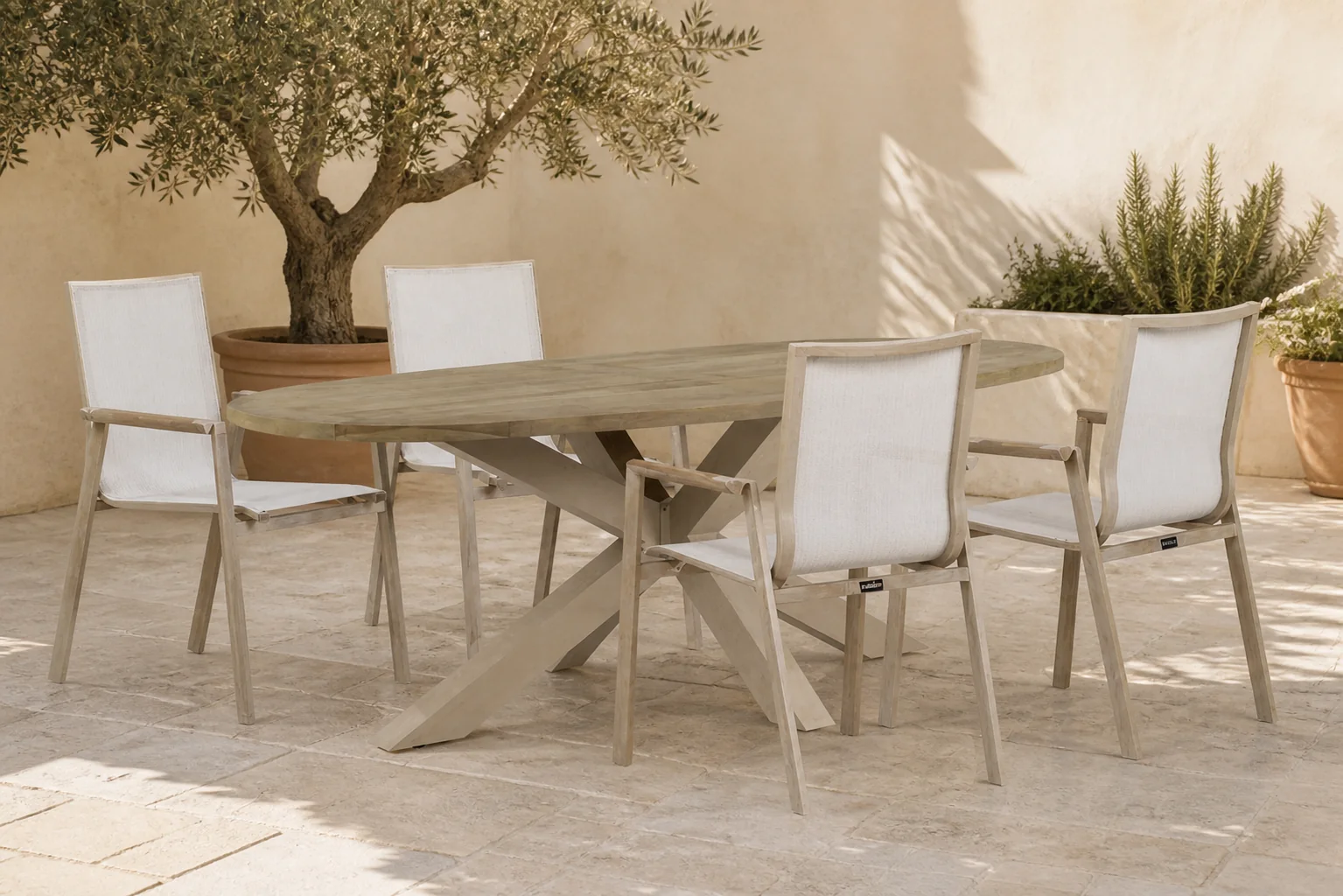 Sfeerfoto van Lifestyle Garden Furniture Fiora/Brookline 200×110 cm dining tuinset 5-delig – Zand/Beige