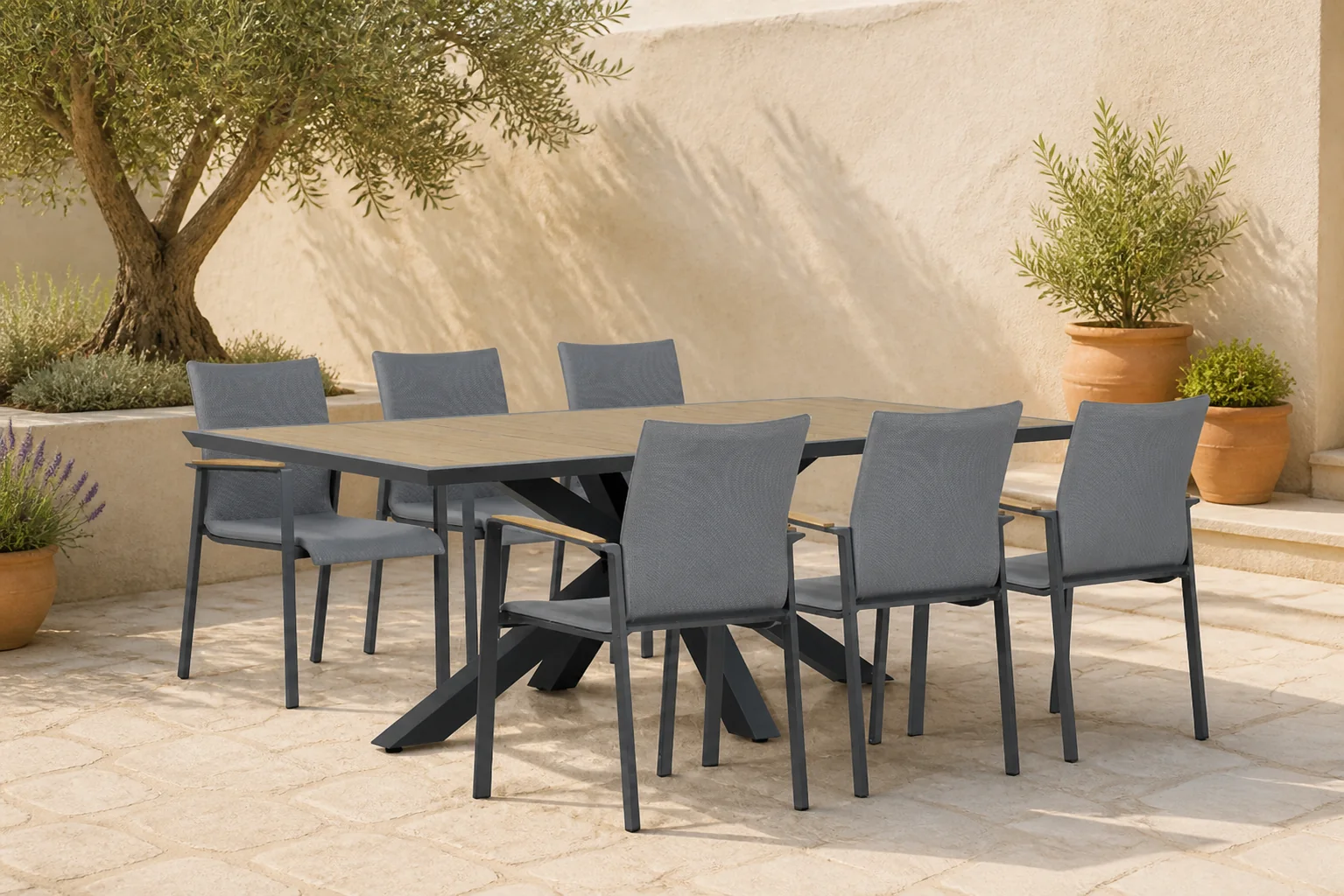 Sfeerfoto van Lifestyle Garden Furniture Brandon/Palermo 215 cm dining tuinset 7-delig – Grijs-antraciet