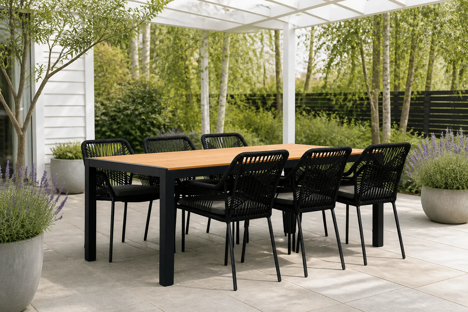 Sfeerfoto van LUX outdoor living Manchester Natural/Seville zwart dining tuinset | 6 personen | polywood + touw | 205cm – Grijs