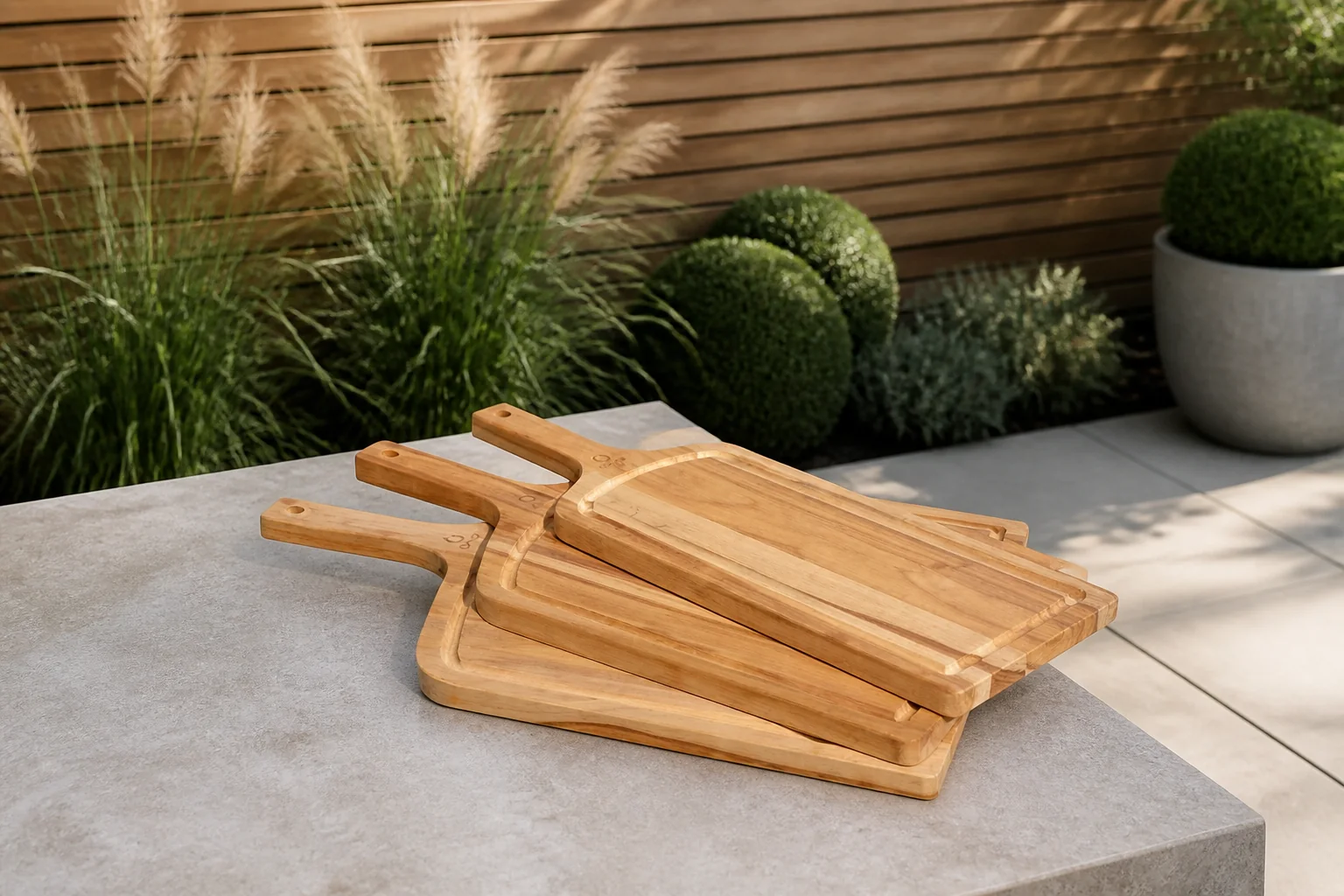 Sfeerfoto van Ofyr serveerplanken Teakhout (set van 3) – Naturel