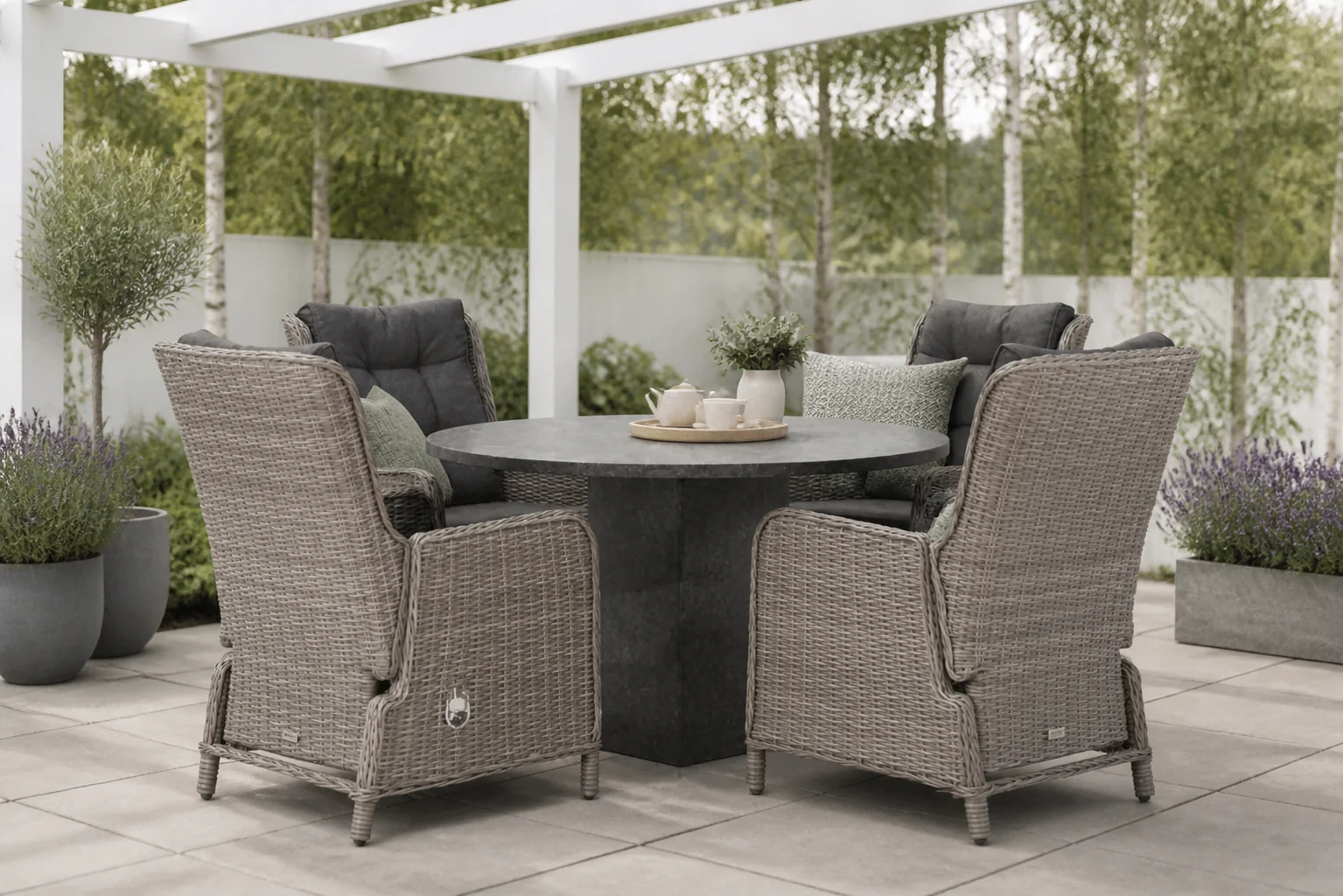 Sfeerfoto van Garden Collections Kingston/Graniet 120 cm rond dining tuinset 5-delig – Grijs-antraciet