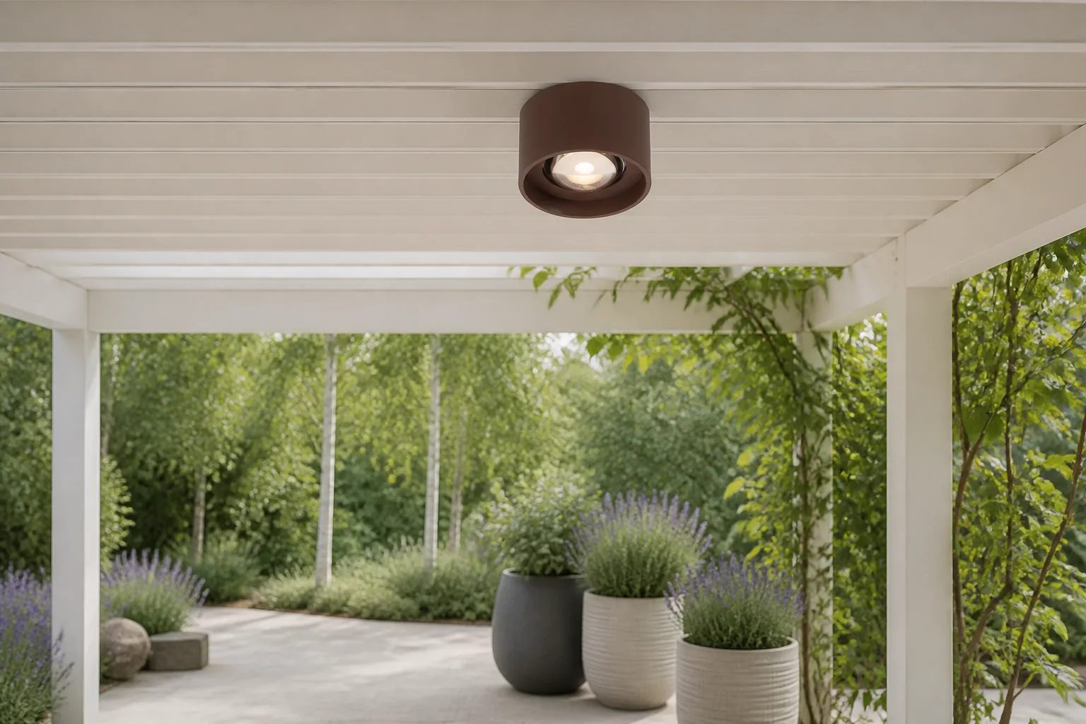 Sfeerfoto van Lucide LENZ Plafondspot LED Binnen/Buiten Ø 11 cm Adapter/lichtnet – Roest bruin