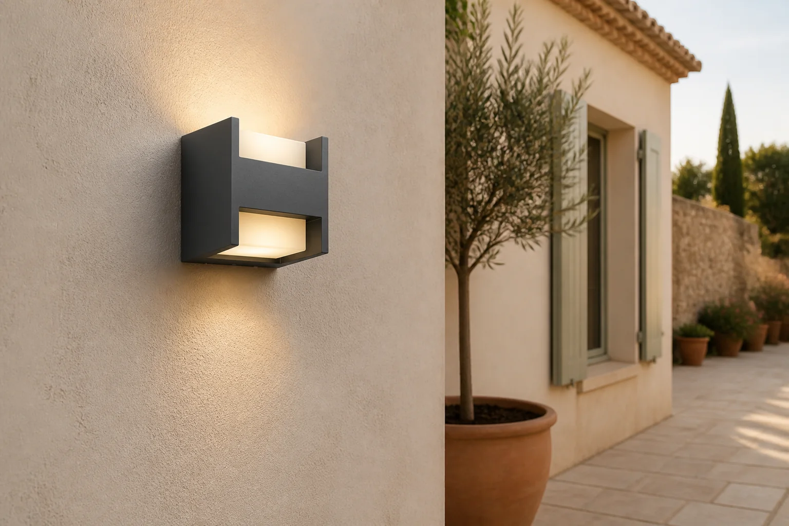 Sfeerfoto van Philips Arbour buitenwandlamp warmwit licht smal verlichting – grijs;zwart