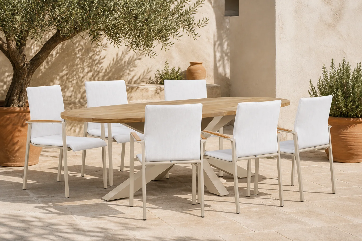 Sfeerfoto van Lifestyle Garden Furniture Brandon/Brookline 240 cm dining tuinset 7-delig – Taupe-naturel-bruin