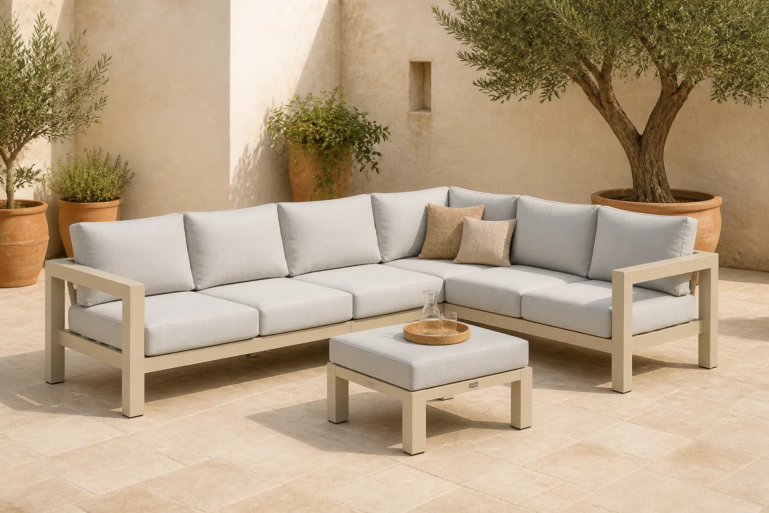 Sfeerfoto van Lifestyle Garden Furniture Luca hoek loungeset 5-delig – Taupe-naturel-bruin