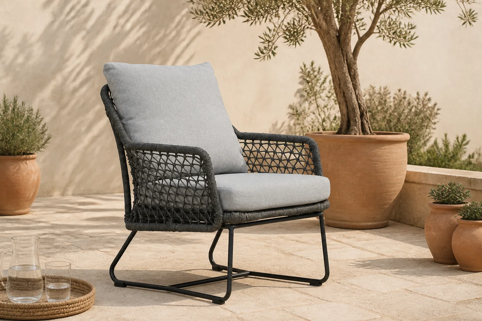 Sfeerfoto van BUITEN living Gianna loungestoel | touw + aluminium | Stone Grey