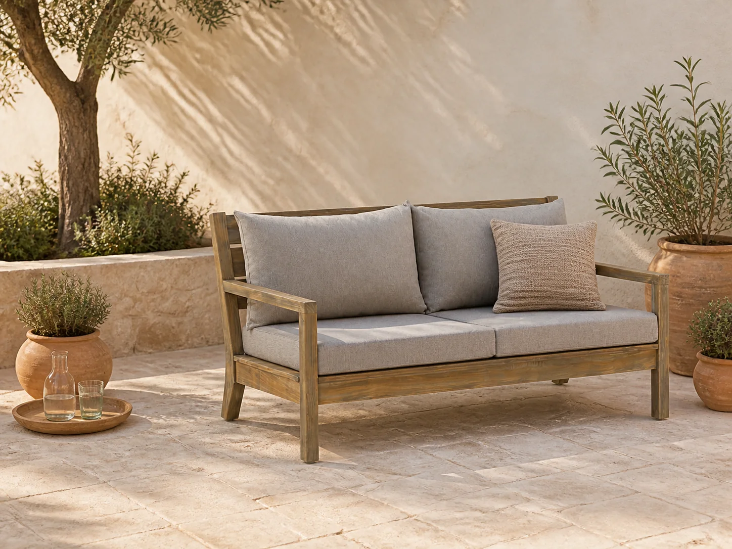 Sfeerfoto van ROUGH Furniture Batang lounge tuinbank 160cm – Bruin