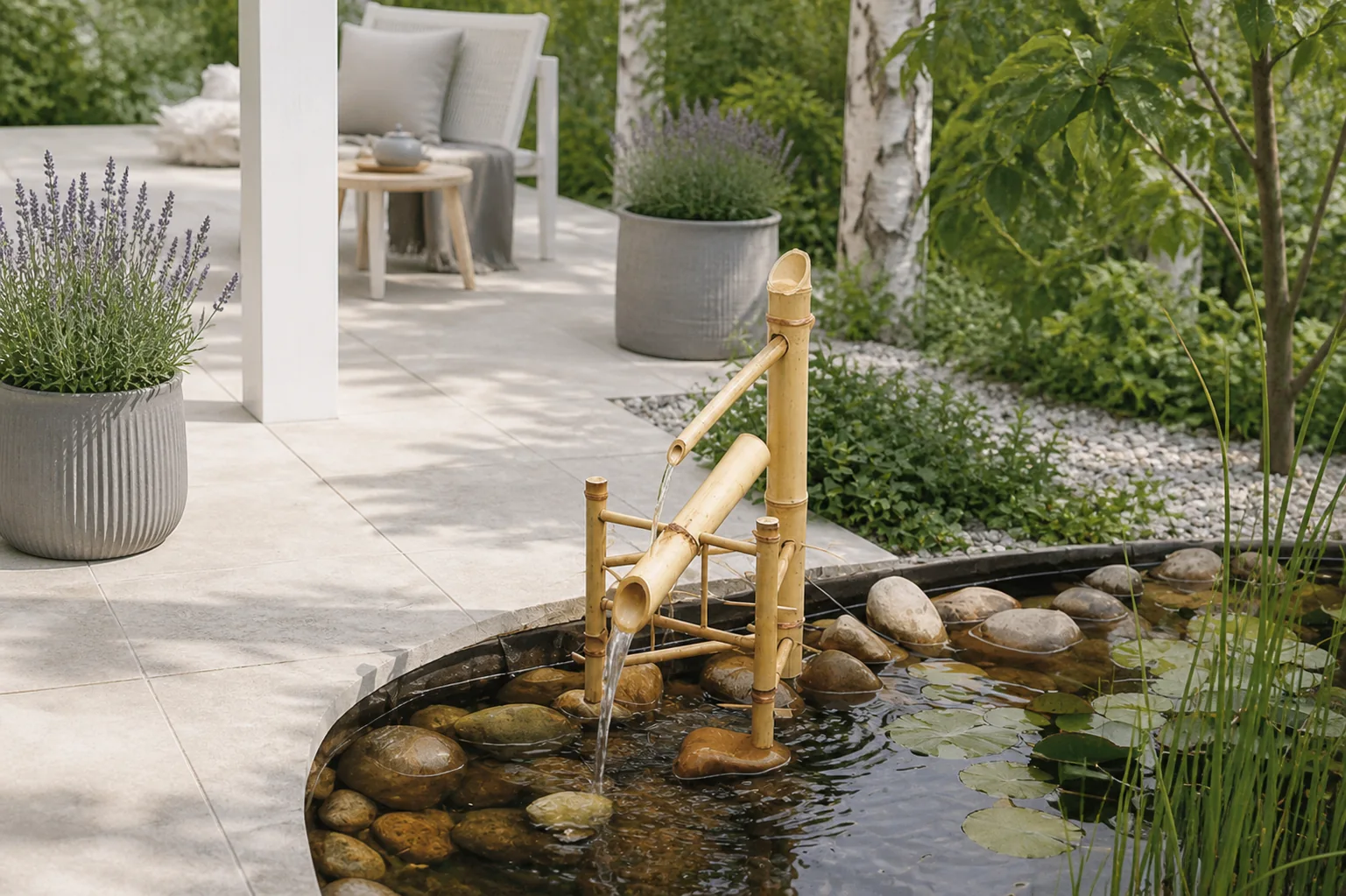 Sfeerfoto van Ubbink Waterornament bamboe watertuimelaar – bruin