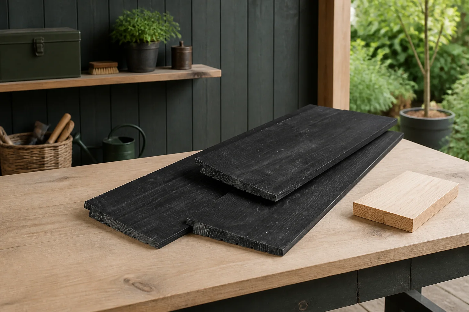 Sfeerfoto van Tuindeco Zweeds rabat Eco douglas zwart geimpregneerd 1,1/2,2×19,5×300 cm