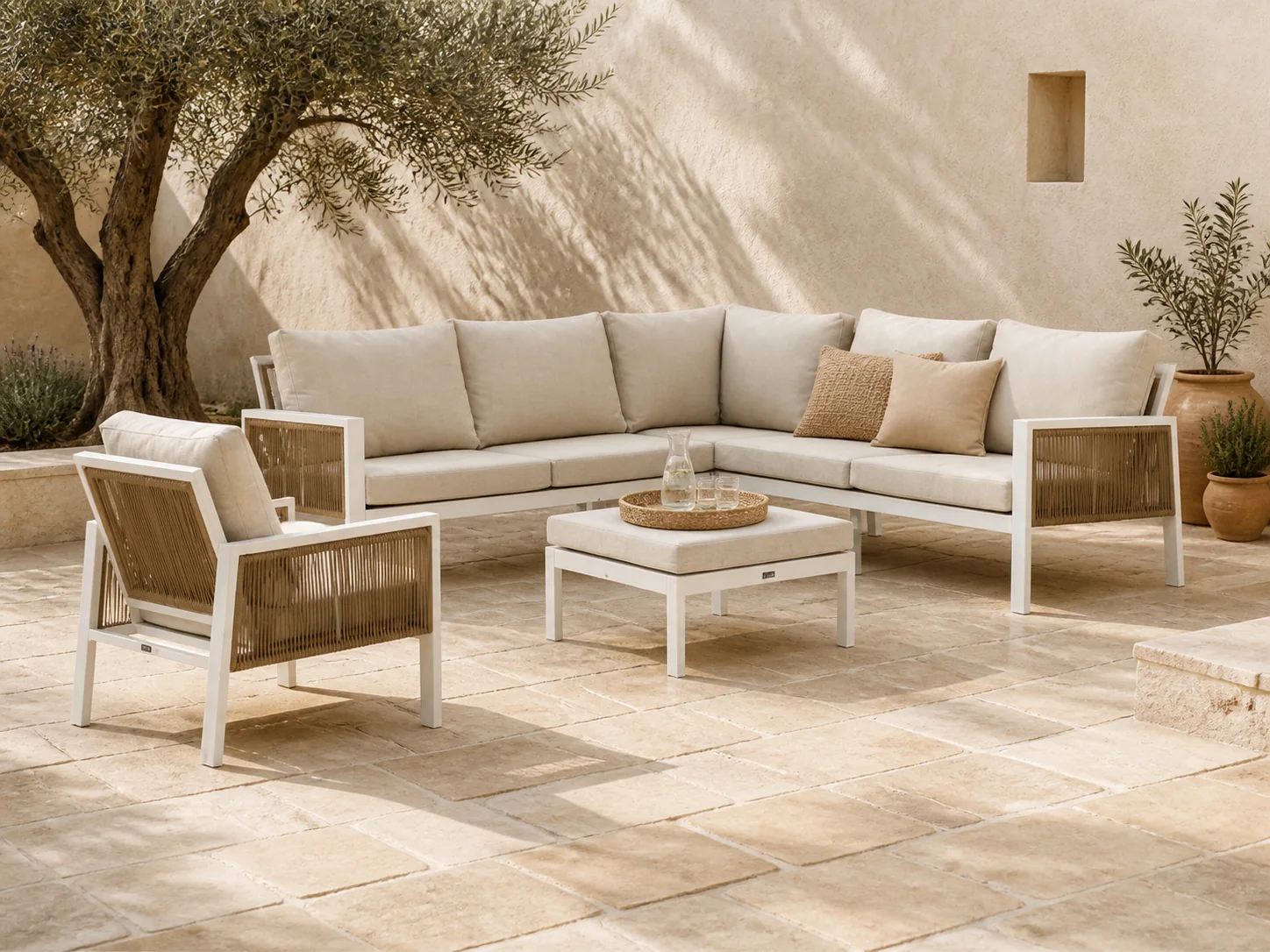 Sfeerfoto van Manifesto Furniture + 15% kassakorting | Manifesto Alzano hoek loungeset 5-delig – Taupe