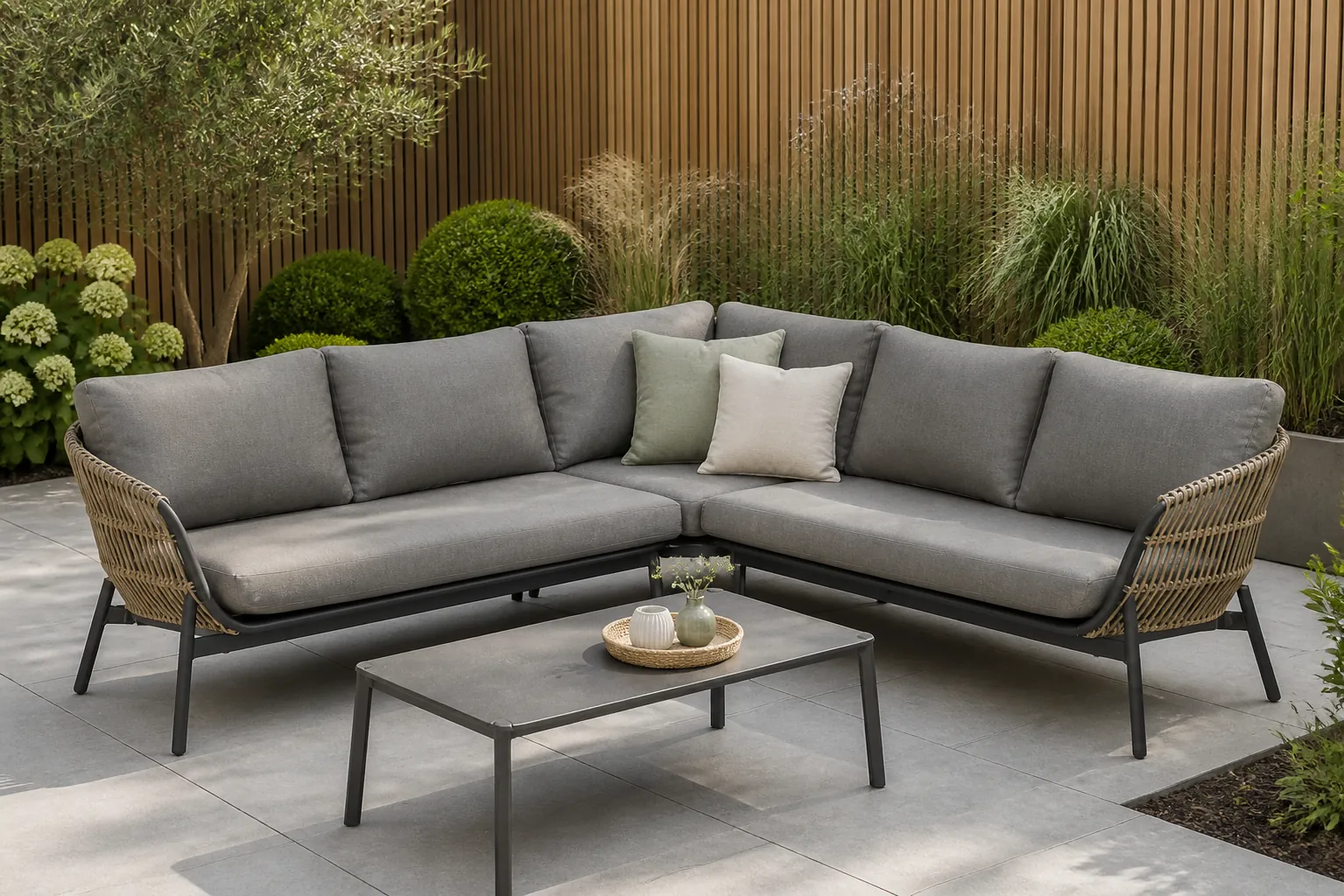 Sfeerfoto van Coco Nathan/Rimini hoek loungeset 4-delig – Taupe-naturel-bruin