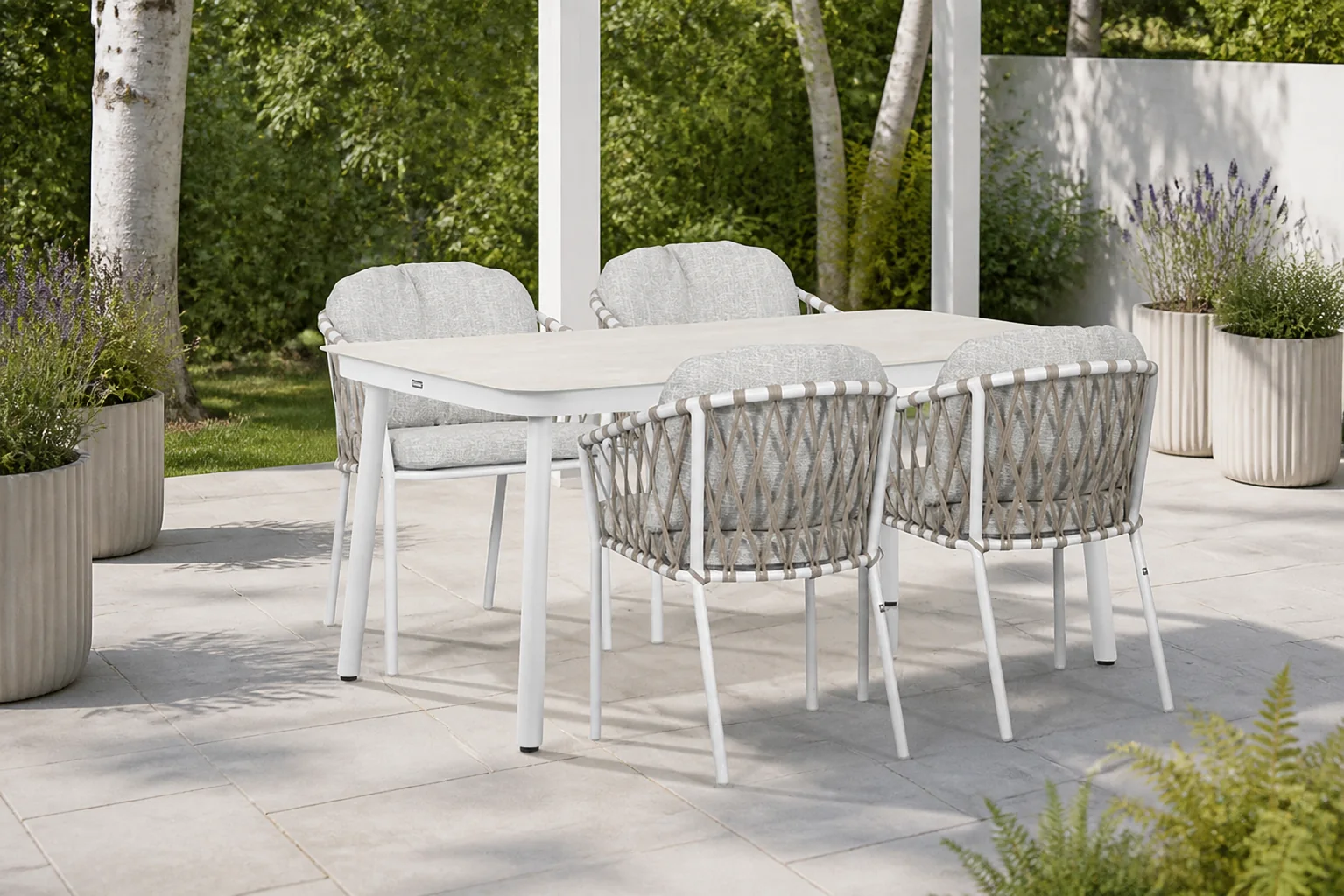 Sfeerfoto van Lifestyle Garden Furniture Morano/Tavona 160×90 cm dining tuinset 5-delig – Wit