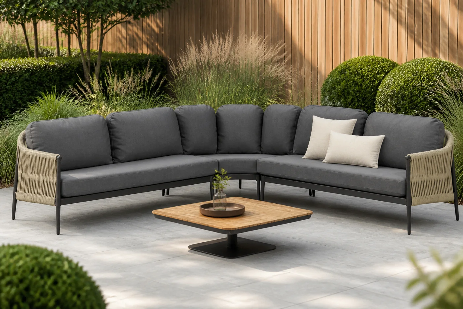 Sfeerfoto van Coco Romeo/Ralph 90 cm hoek loungeset 4-delig – Taupe-naturel-bruin