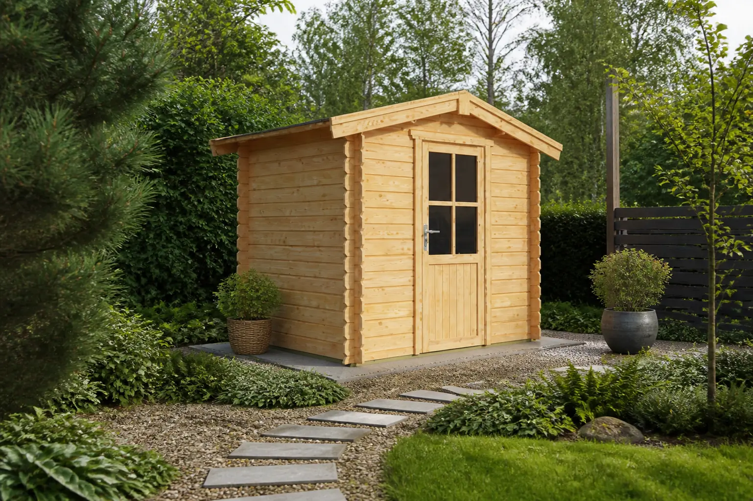 Sfeerfoto van Warentuin collection Blokhut, tuinhuisje Fenna-Amina 250 cm bij 200 cm diep zadeldak – bruin