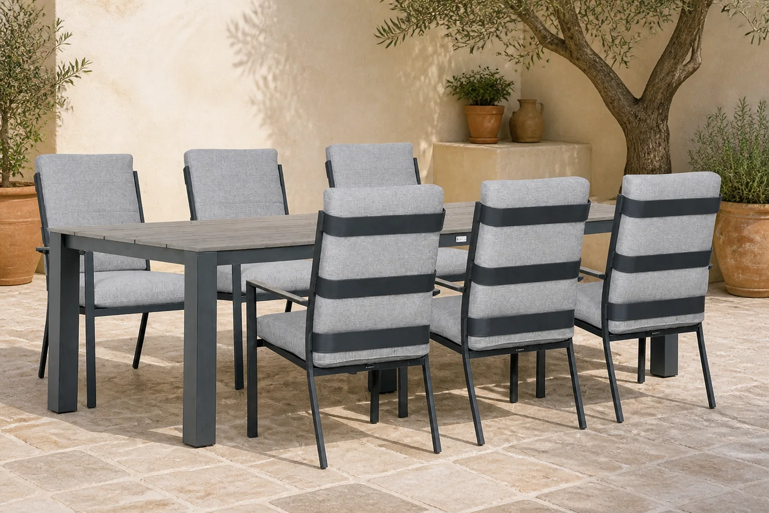 Sfeerfoto van Lifestyle Garden Furniture Lecce/Valley 240×92 cm dining tuinset 7-delig – Grijs-antraciet