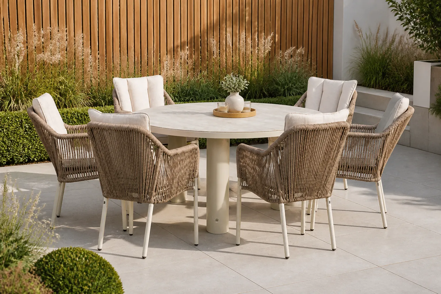 Sfeerfoto van Lifestyle Garden Furniture Marbella/Arancia 150 cm dining tuinset 7-delig – Taupe-naturel-bruin