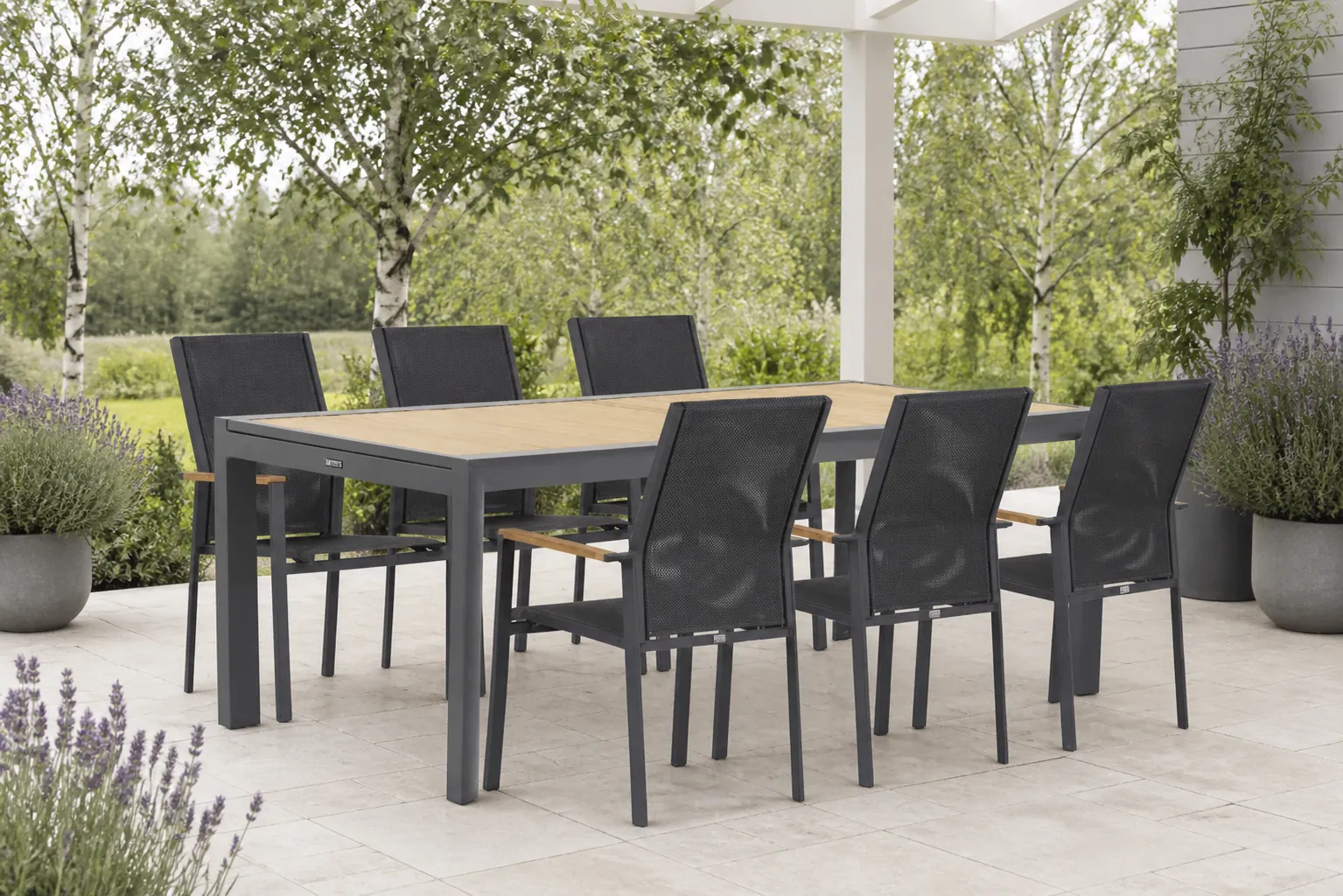 Sfeerfoto van Presto Ricadi teak/Rosarno 214/273 cm dining tuinset 7-delig – Grijs-antraciet