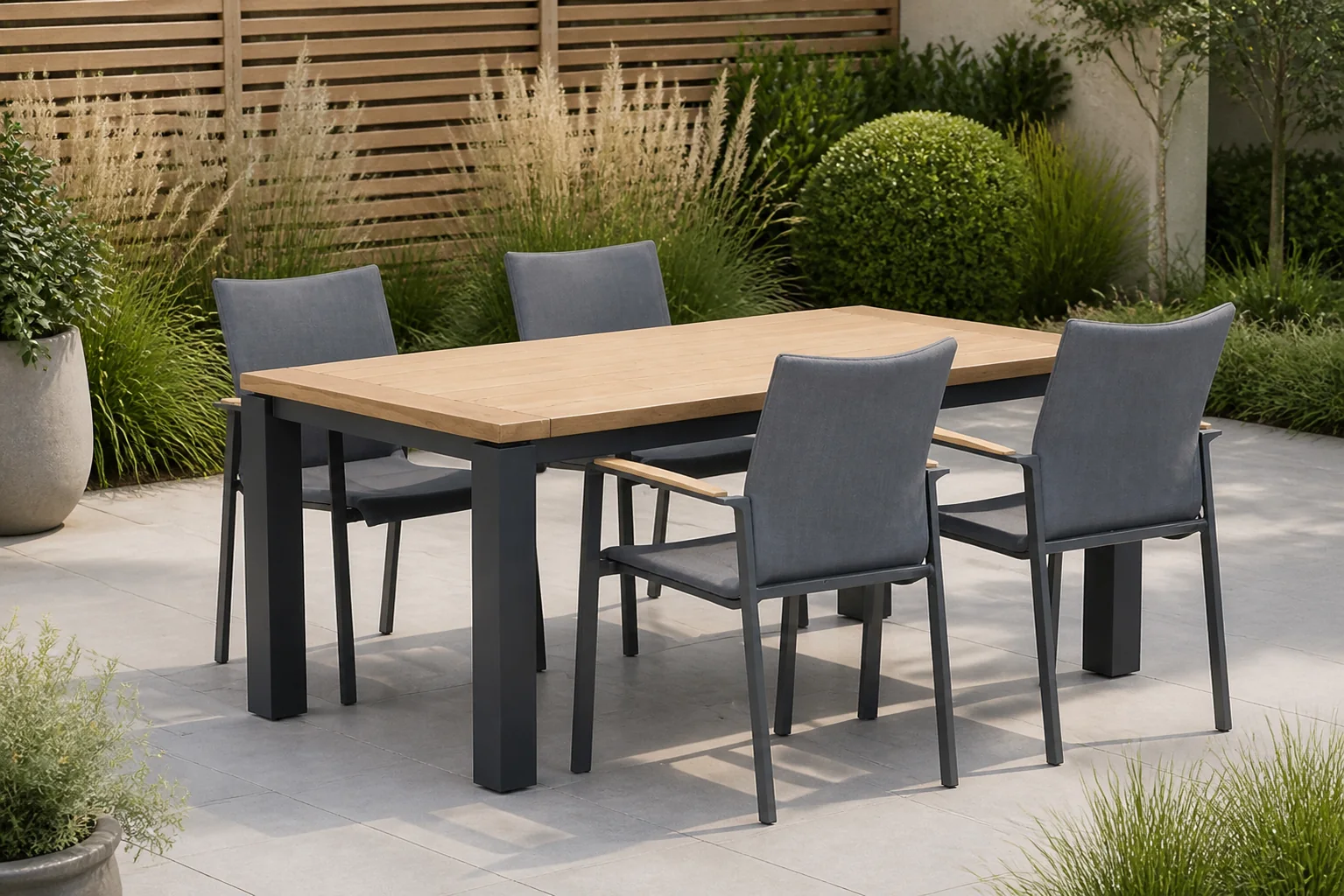 Sfeerfoto van Lifestyle Garden Furniture Brandon/Veneto 180 cm dining tuinset 5-delig – Grijs-antraciet
