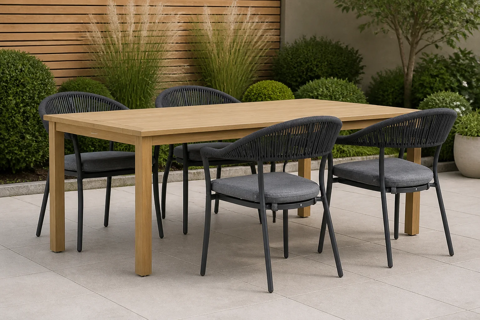 Sfeerfoto van Santika Furniture Vivian/Weston 160 cm dining tuinset 5-delig – Grijs-antraciet