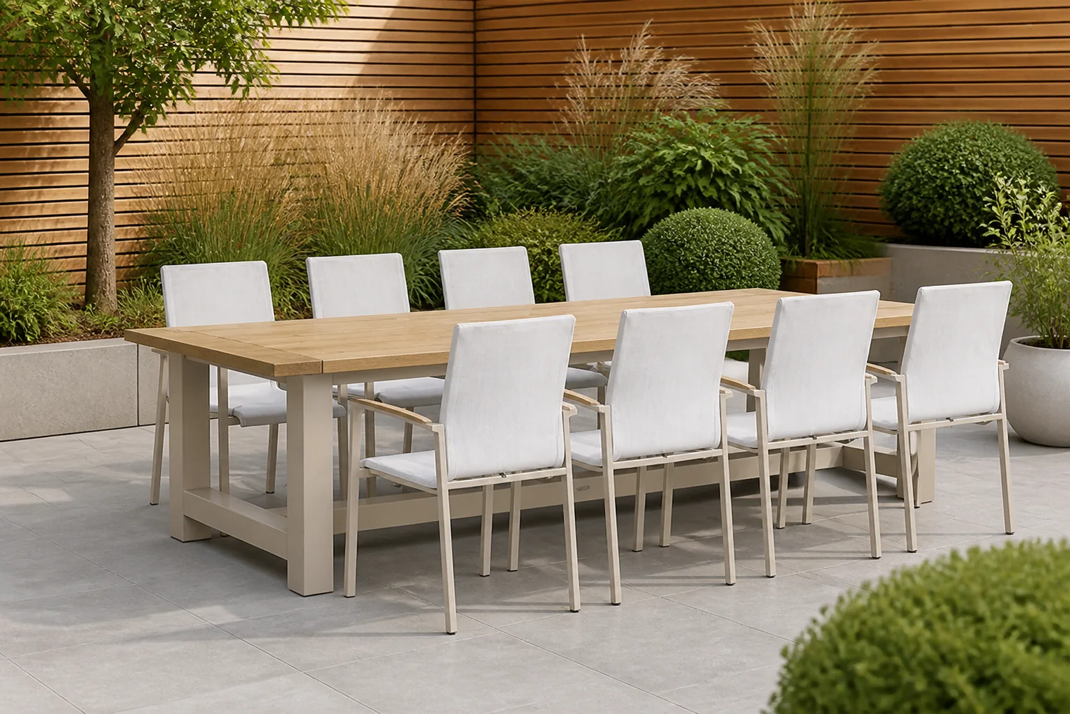 Sfeerfoto van Lifestyle Garden Furniture Brandon/San Francisco 300 cm dining tuinset 9-delig – Taupe-naturel-bruin