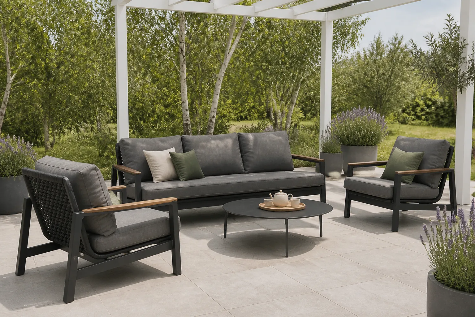 Sfeerfoto van Coco Ralph/Pacific 100 cm stoel-bank loungeset 4-delig – Grijs-antraciet