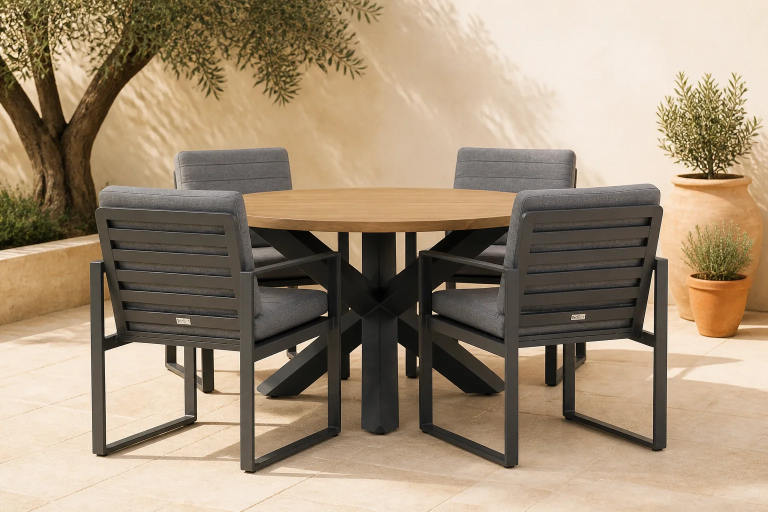 Sfeerfoto van Santika Furniture Zaga/Rockville 120 cm dining tuinset 5-delig – Grijs-antraciet