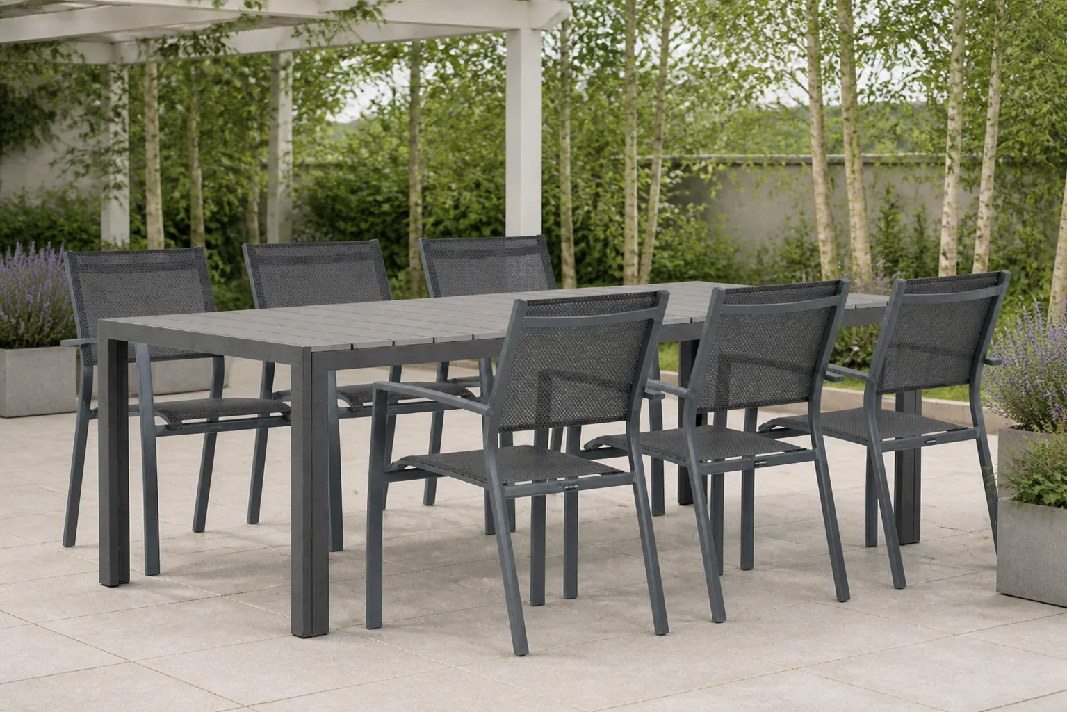 Sfeerfoto van Lifestyle Garden Furniture Sella/Young 217 cm dining tuinset 7-delig – Grijs-antraciet
