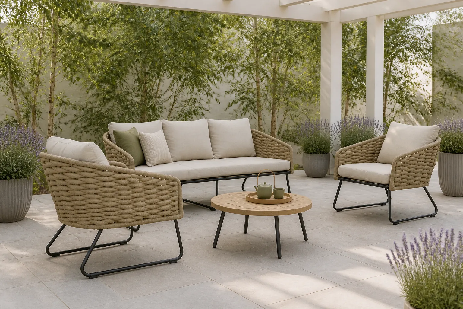 Sfeerfoto van BUITEN living Flora stoel-bank loungeset 5 personen | touw + aluminium | Sahara Dust | 3-delig