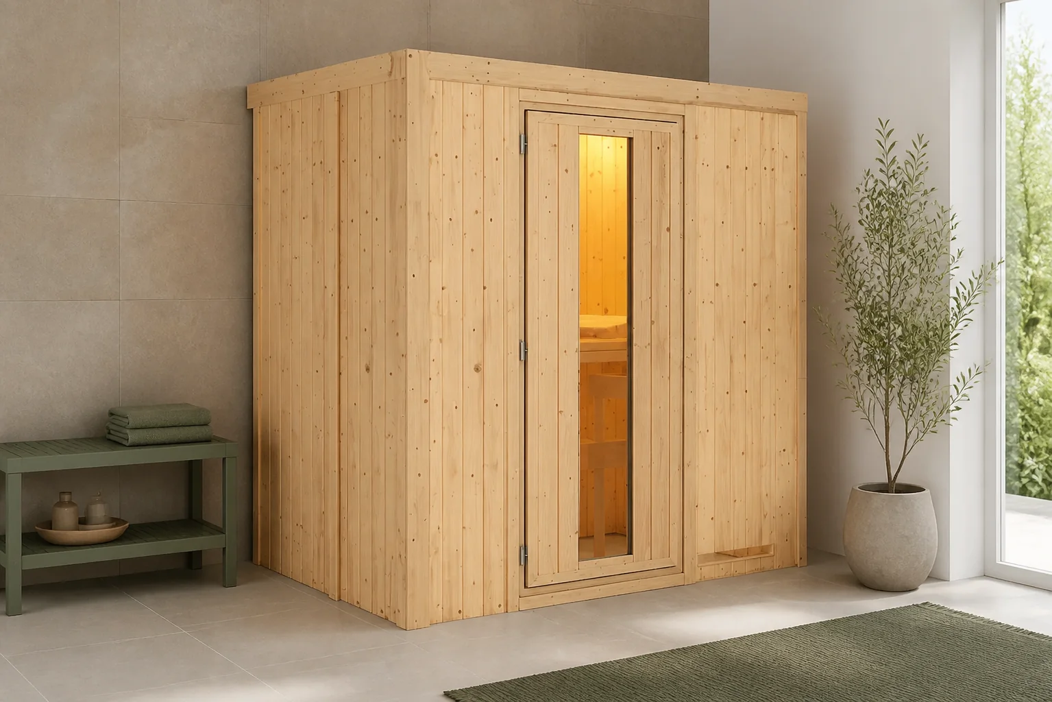 Sfeerfoto van Karibu | Variado Sauna | Antracietglas Deur | Kachel 9 kW Externe Bediening