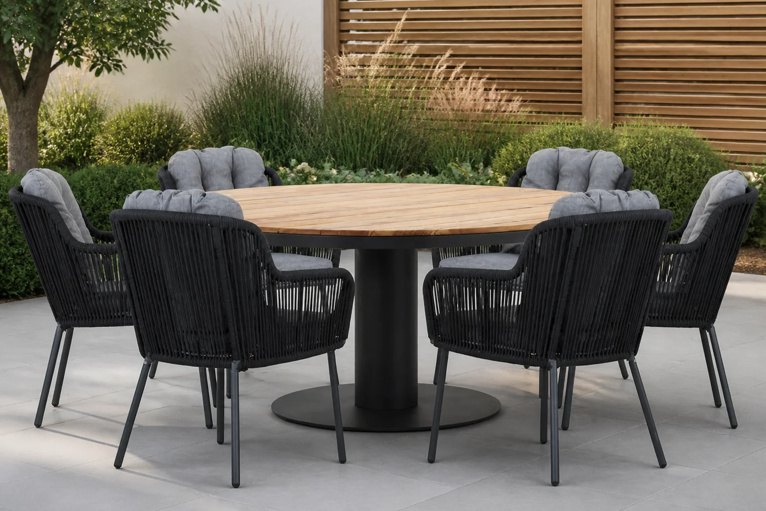 Sfeerfoto van Santika Furniture Tendenza/Salerno 160 cm dining tuinset 7-delig – Grijs-antraciet