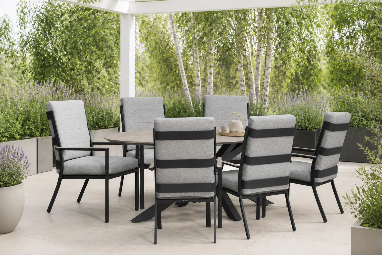 Sfeerfoto van Lifestyle Garden Furniture Lecce/Matara 220×115 cm dining tuinset 7-delig – Grijs-antraciet