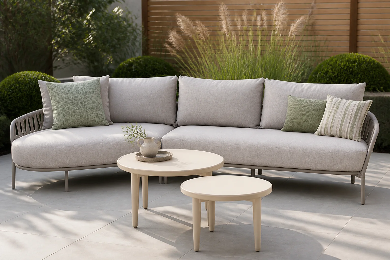 Sfeerfoto van 4 Seasons Outdoor Calma/Ibiza 50/70 cm hoek loungeset 4-delig – Taupe-naturel-bruin