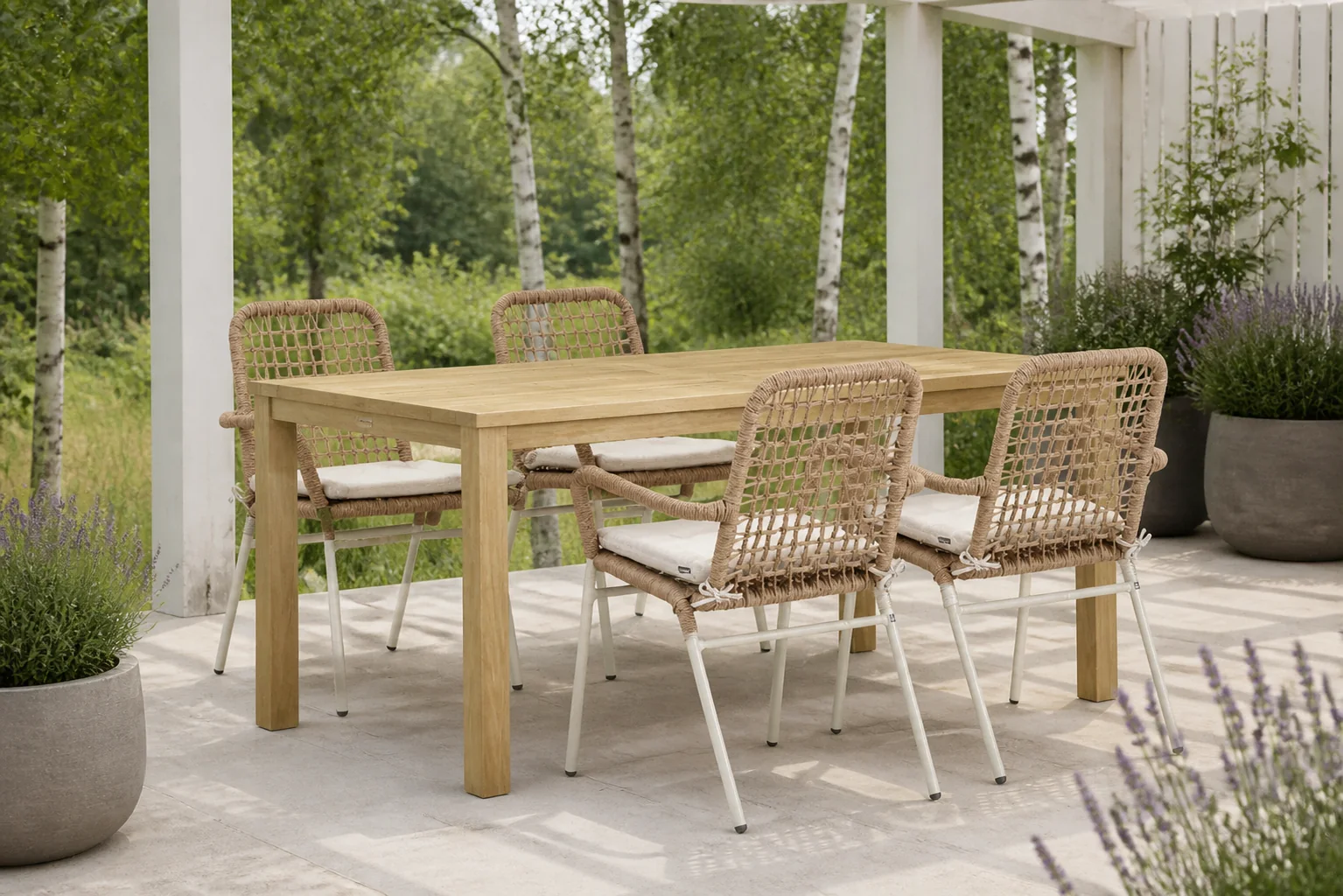 Sfeerfoto van De Laan Projects Laan Catalone/Weston 160 cm dining tuinset 5-delig – Taupe-naturel-bruin