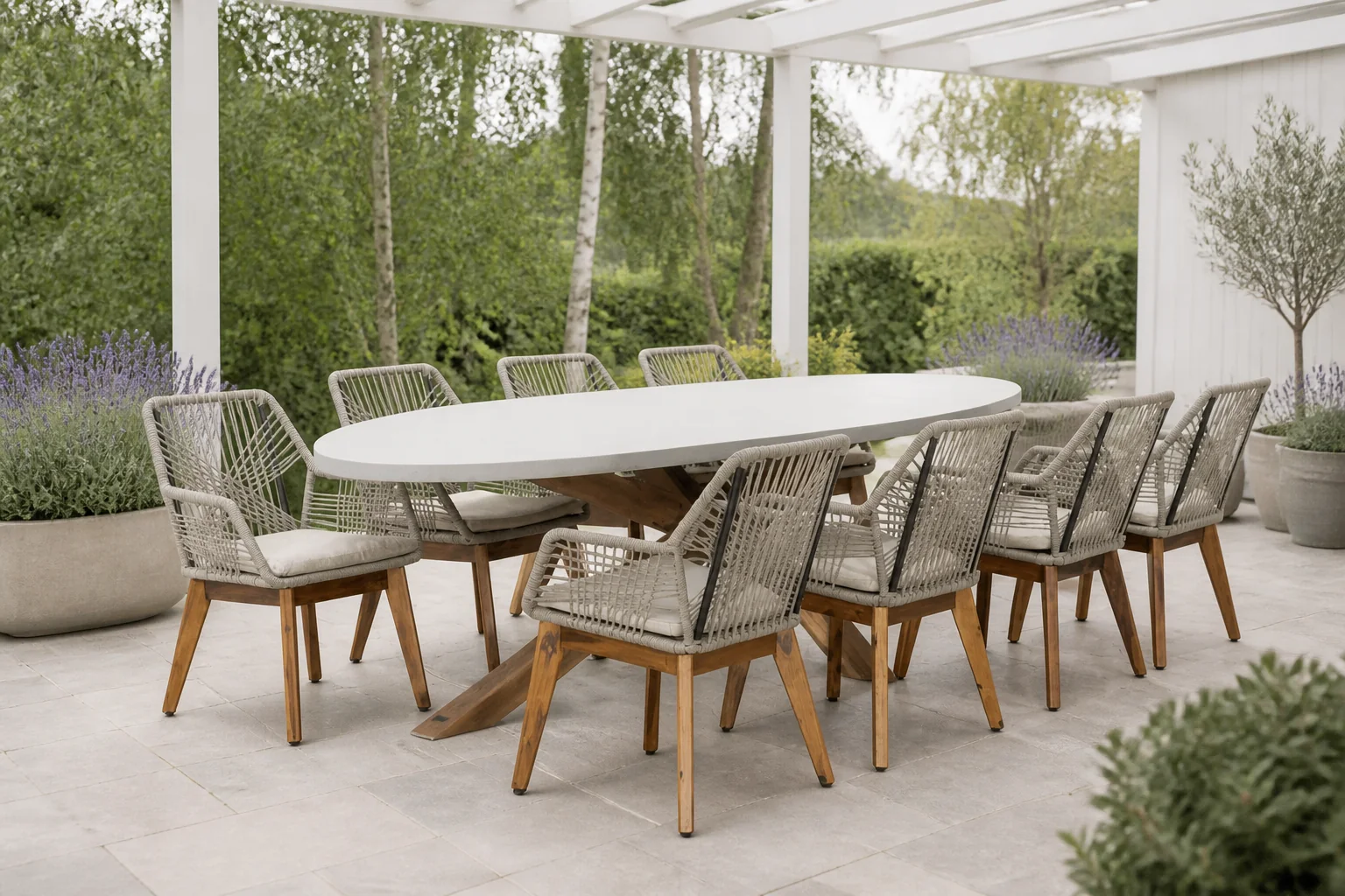 Sfeerfoto van BUITEN living Livorno/Seville hout zand dining tuinset | 8 personen | betonlook + touw | 280cm ovaal – Light Teak, Betonlook